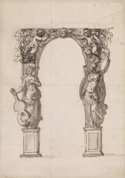Design for a Temporary Arch Ornamented with Putti and Allegorical Figures of Music and War
